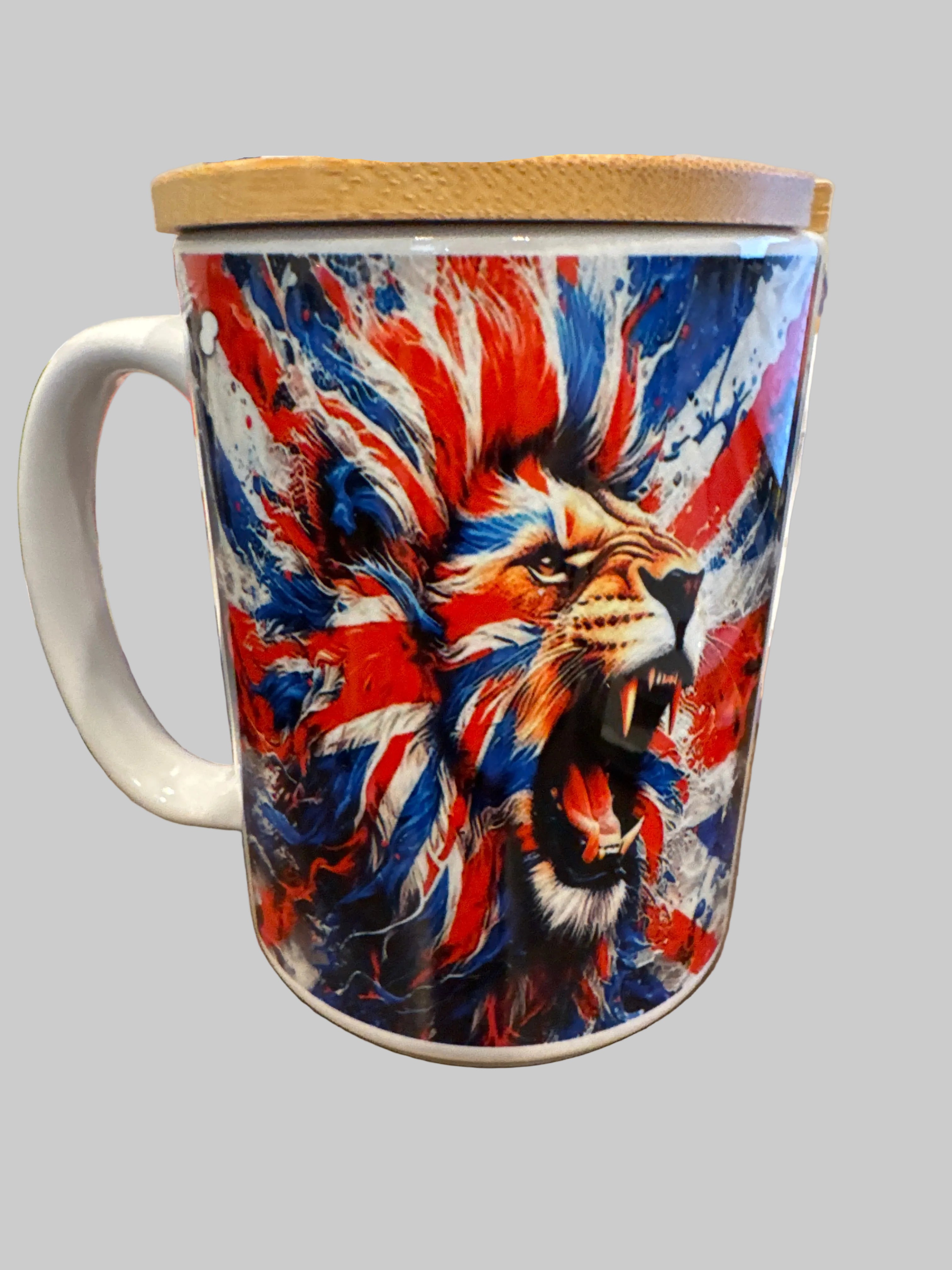 Mug 15oz Handmade Design - Majestic Roaring Lion blended with The Union Jack