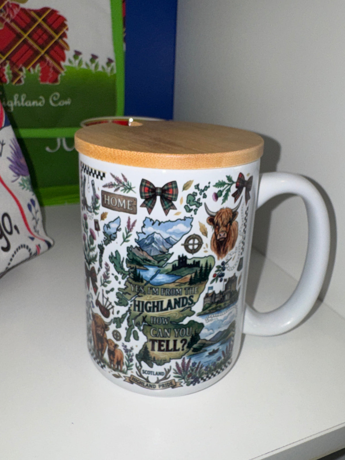 Mug 15oz Handmade Design - Scottish Icons with wood lid or coaster.