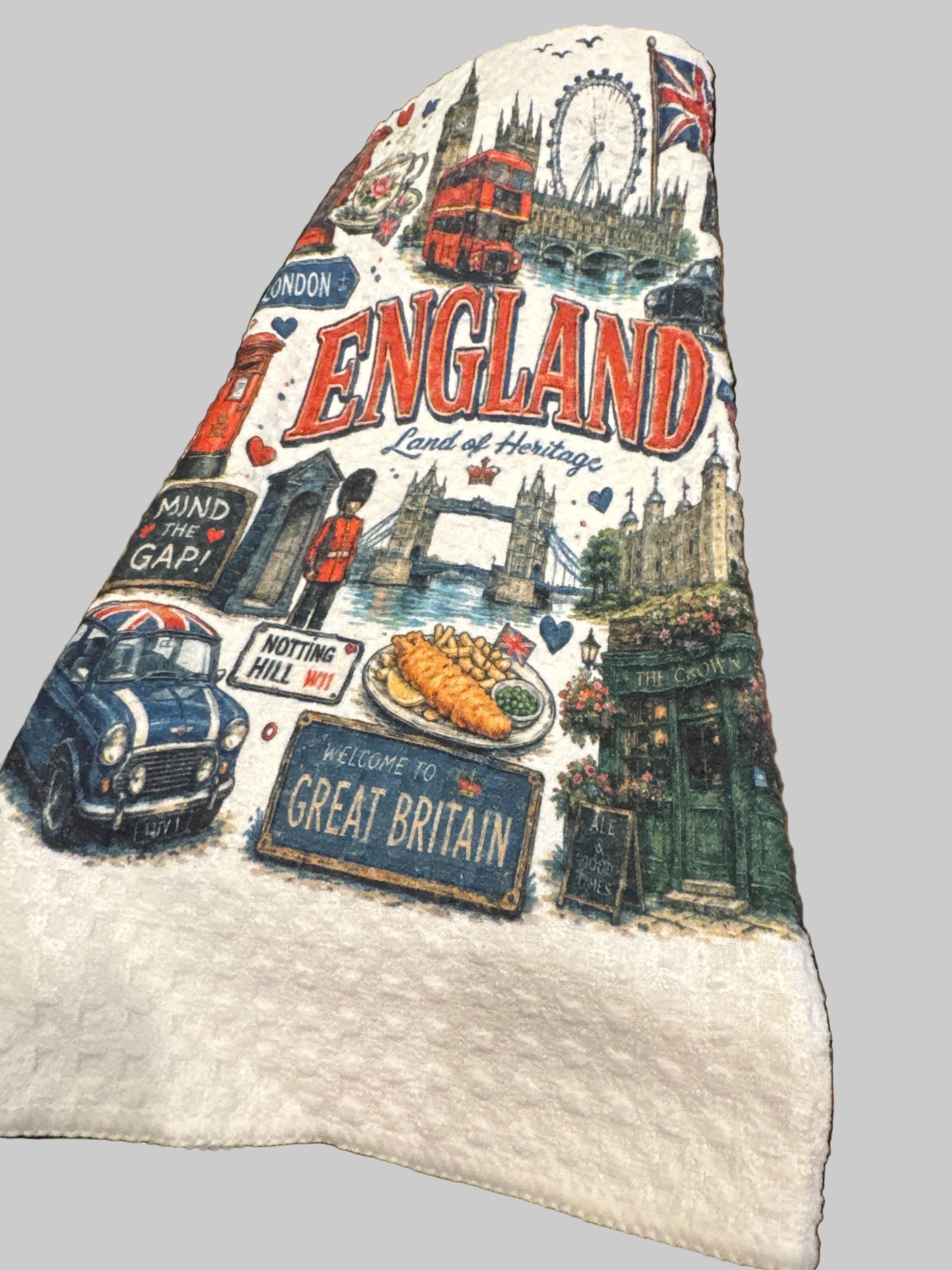Tea Towel - Handmade Design - England "Land of Heritage" 15 x 27"