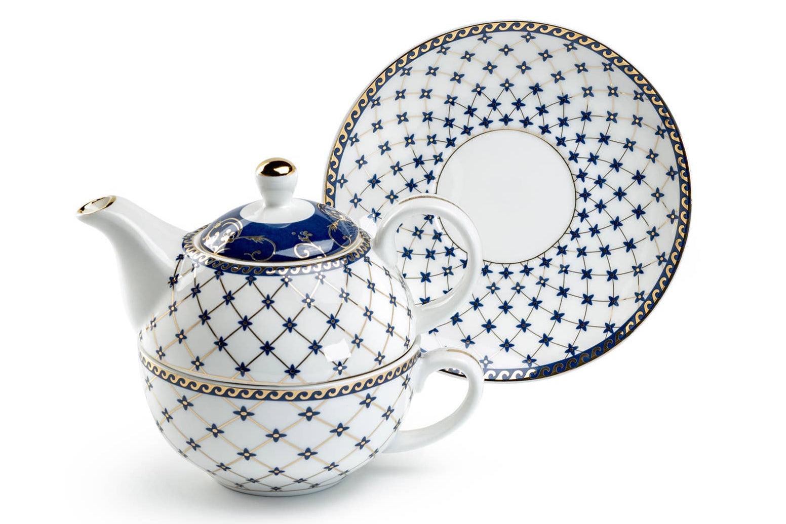 Tea For One Set - Trellis Blue Gold Fine Porcelain