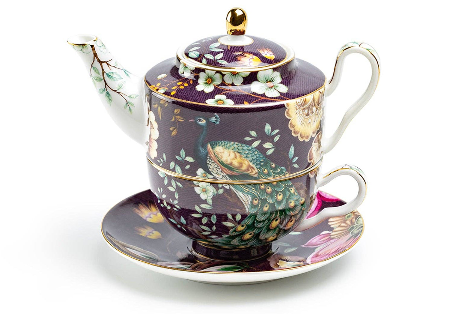 Tea For One Set - Peacock Lotus Garden Plum Fine Porcelain