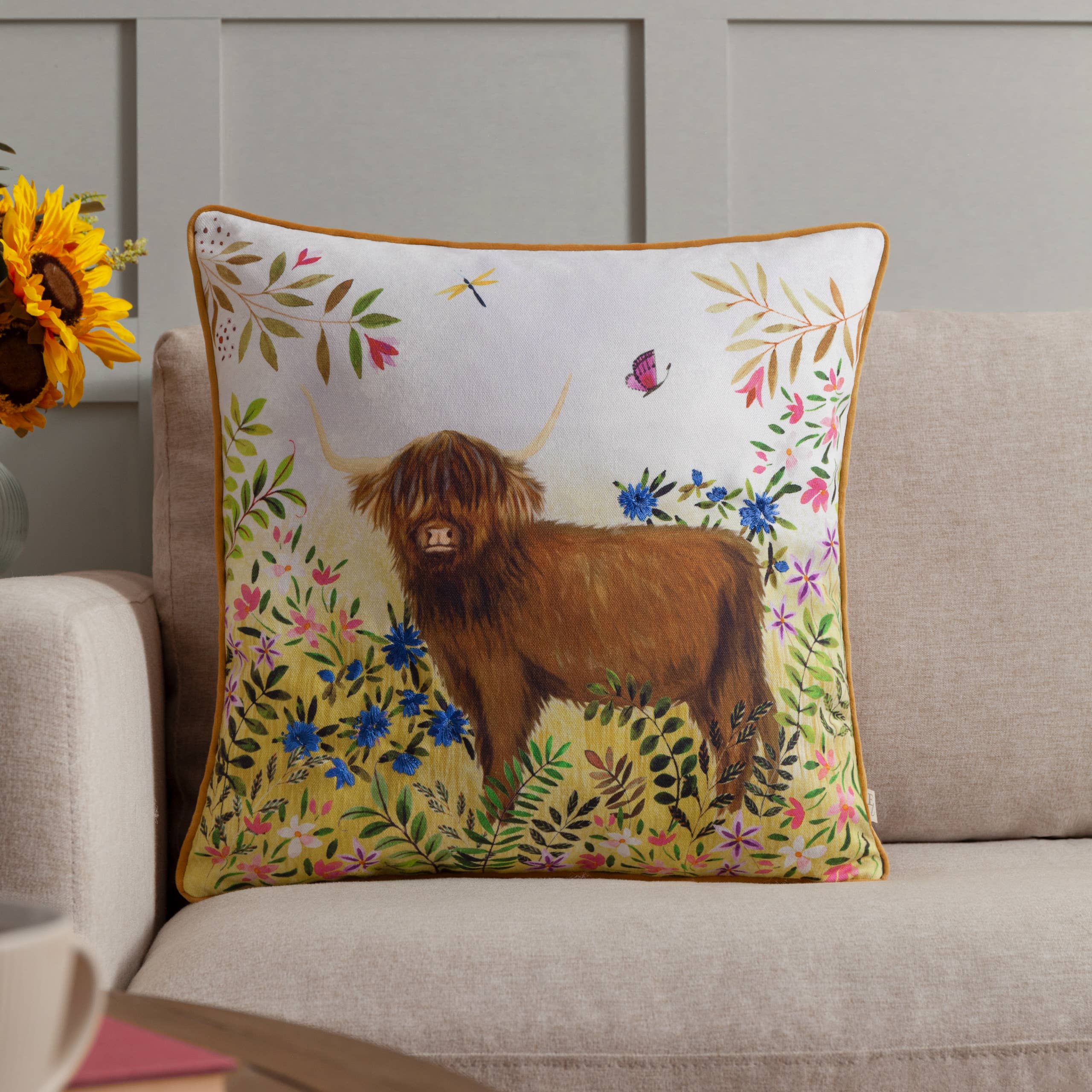 Cushion Cover Only - Daisy Hill Agnes Highland Cow Printed Cushion Size 17.5" x 17.5"