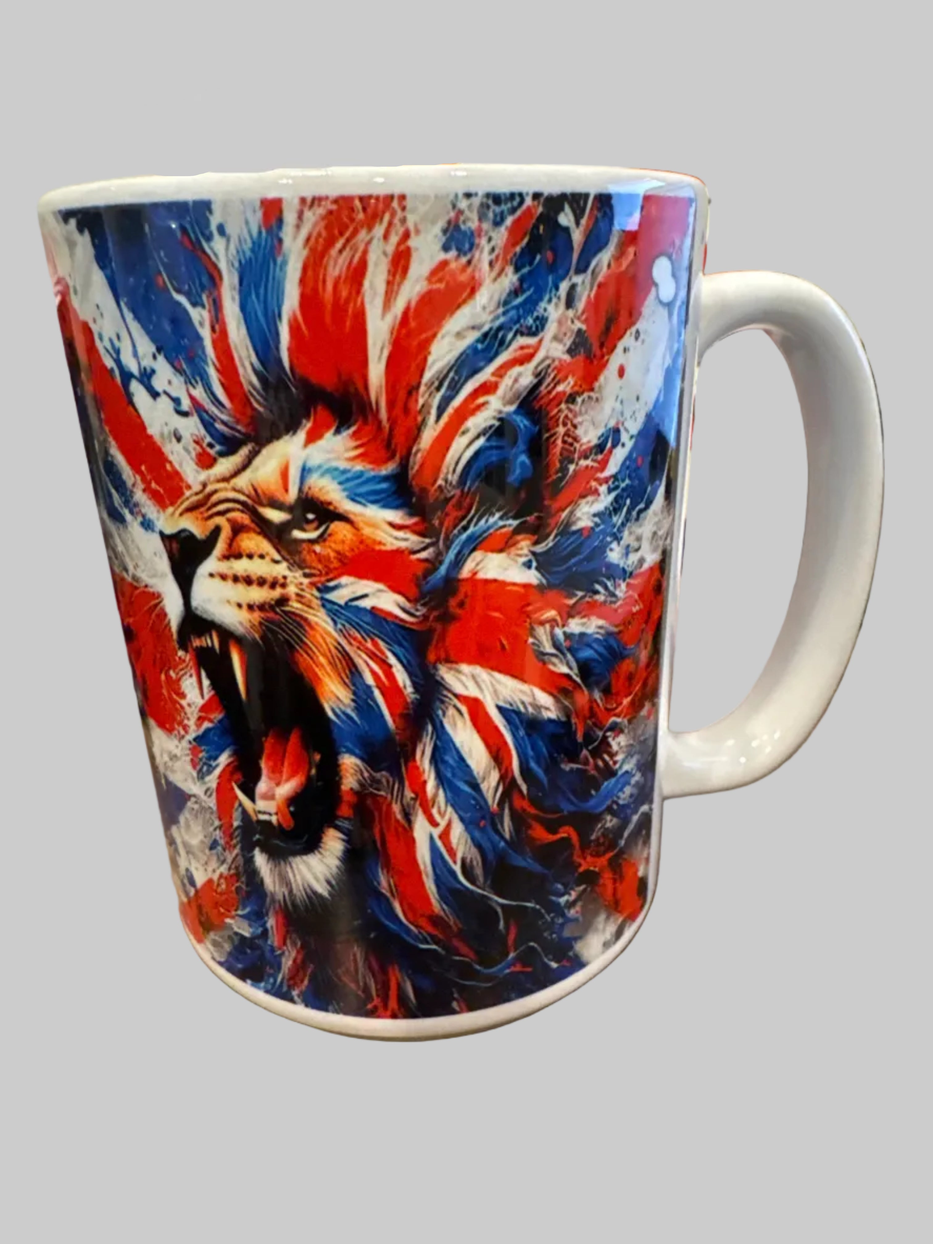 Mug 15oz Handmade Design - Majestic Roaring Lion blended with The Union Jack