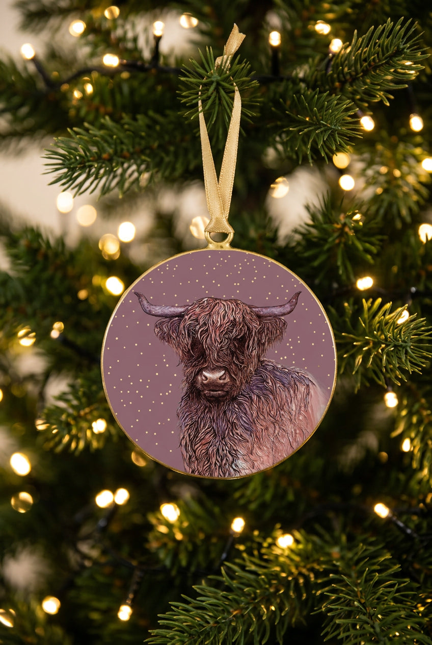 #73 Tinker Tailor Enamel Highland Cow Metal Round Ornament Approx 3"