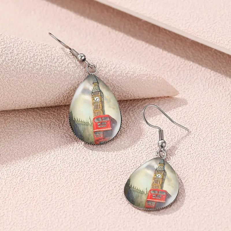 Earrings - Vintage-Inspired Red Bus & Big Ben Street Scene Glass Drop