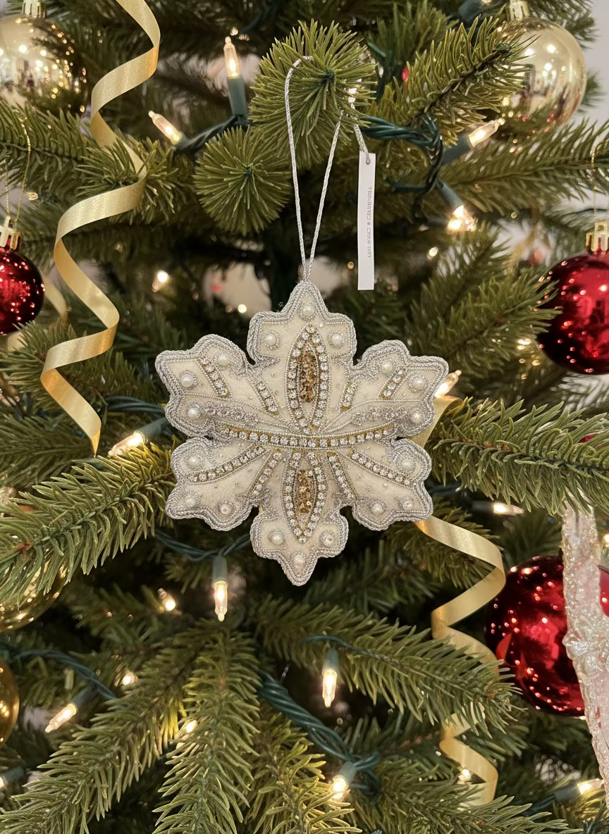 #64 Tinker Tailor White Crystal Snowflake Christmas Ornament.