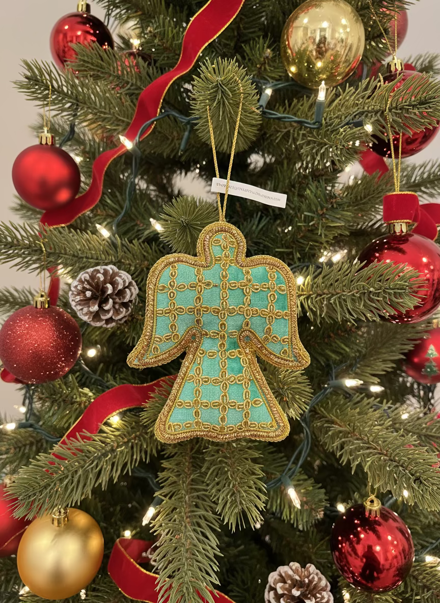 #39 Tinker Tailor Eau de Nil Angel with Gold check bead Christmas Ornament.