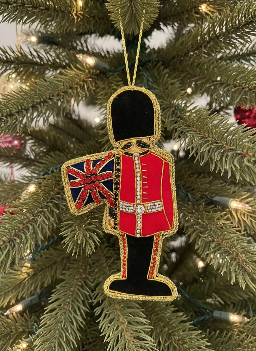 #61 Tinker Tailor Guardsman with Crystal Flag Christmas Ornament.