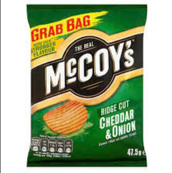 McCoys Large Grab Bag Cheddar &amp; Onion Flavor Ridge Cut Crisps 45g Bag. Savor the delicious and creamy cheddar paired with the bold flavor of onion in every bite.