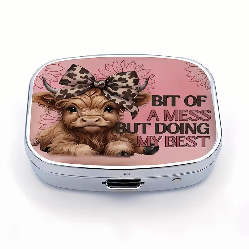 Pill Box - 2-Compartment - Highland Cow (Bit of A Mess But Doing My Best)