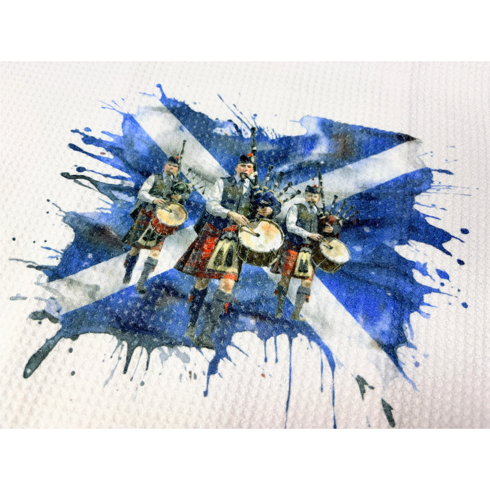 Tea Towel Handmade Design - Scottish Flag with Pipers 15" x 27"