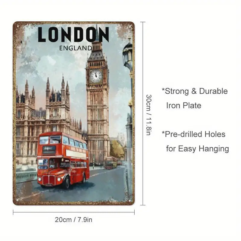 Sign - Vintage London England Travel Big Ben, Double Decker Metal Sign - 8x12 Inch