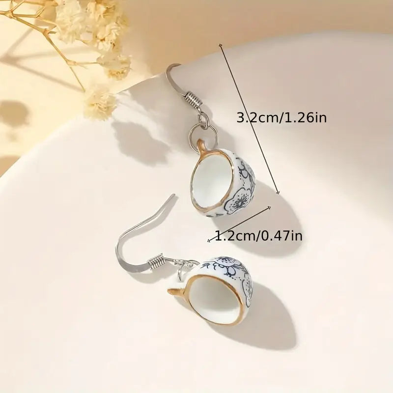 Earrings - Teacup Flower Blue & White Gold Colour Rim with Silver or Gold Alloy Hook, Size: 1.38"