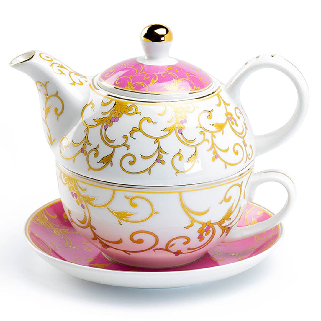 Tea For One Set - Pink Gold Scroll Fine Porcelain