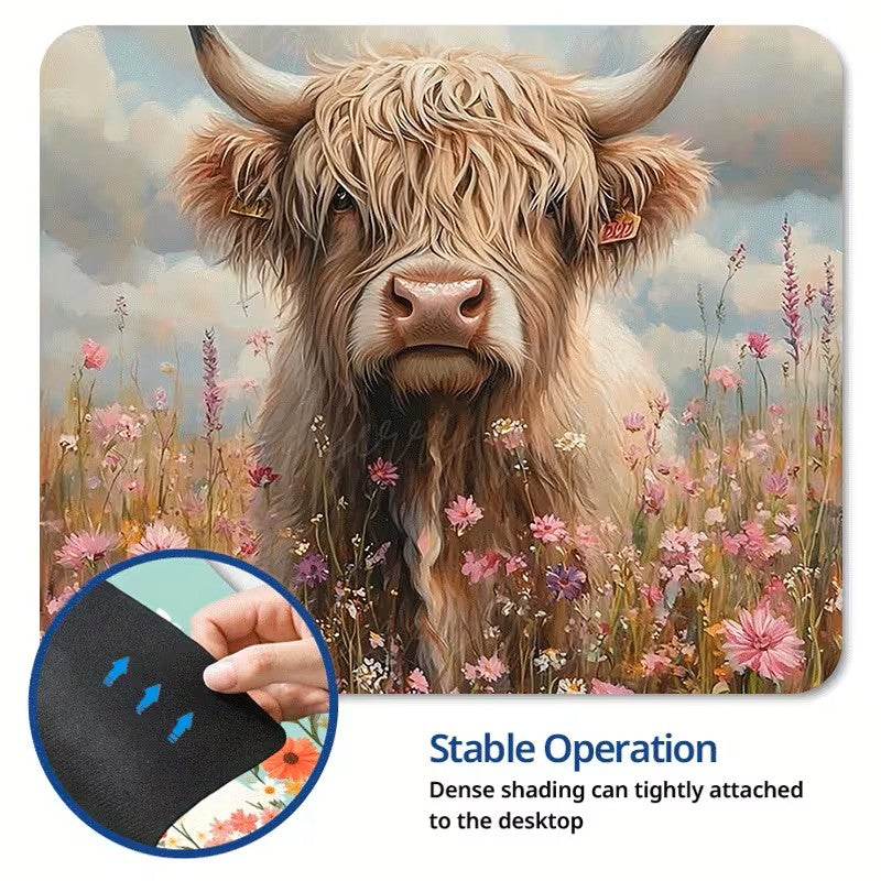Mouse Pad - Highland Cow with Flowers Approx Size 8.66"
