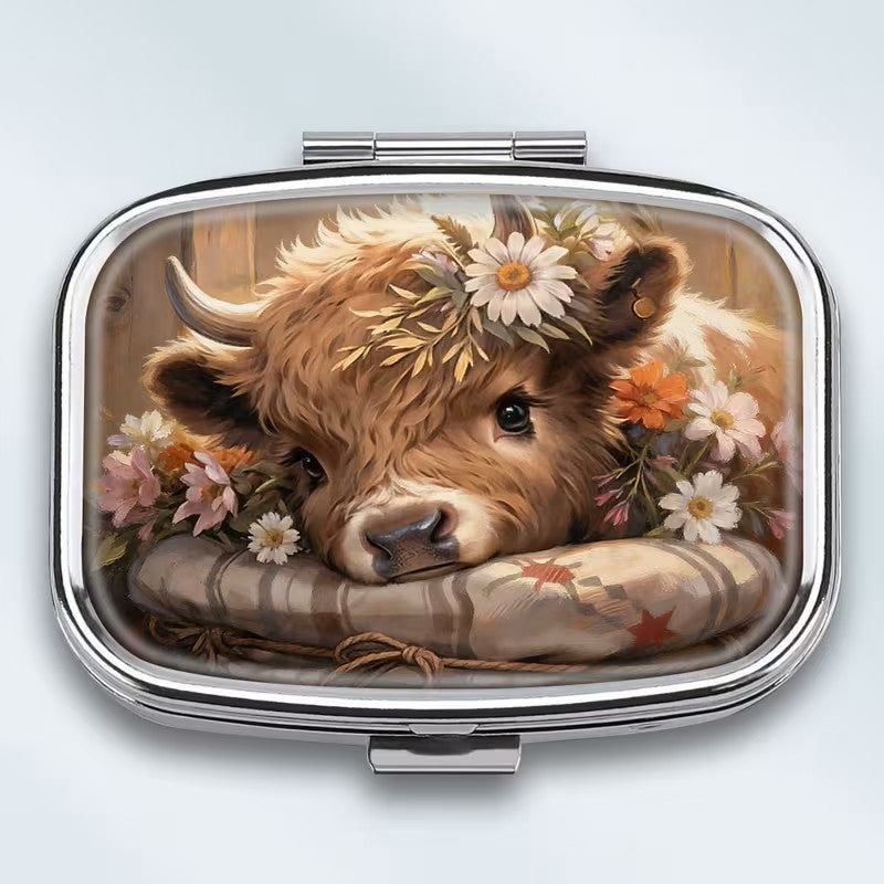Pill Box - 2-Compartment - Highland Cow Floral