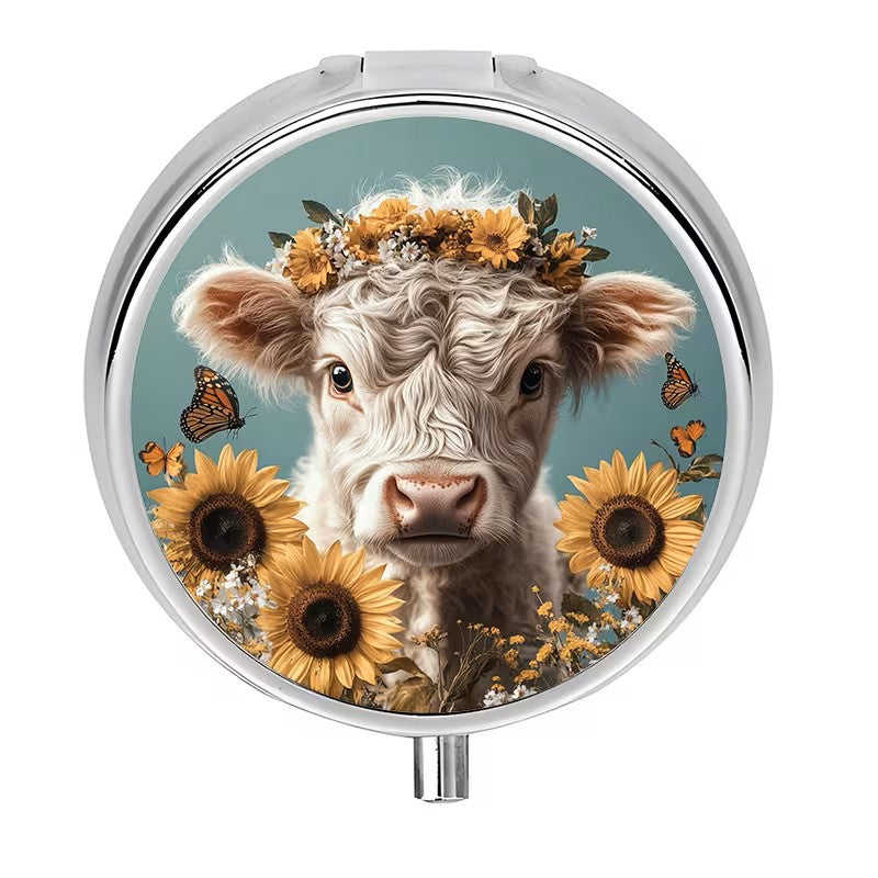 Pill Box - 3-Compartment Highland Cow & Sunflowers Design 2"