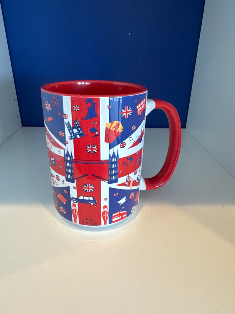 Mug 15oz. Custom Made Union Jack Flag with assorted Icons.