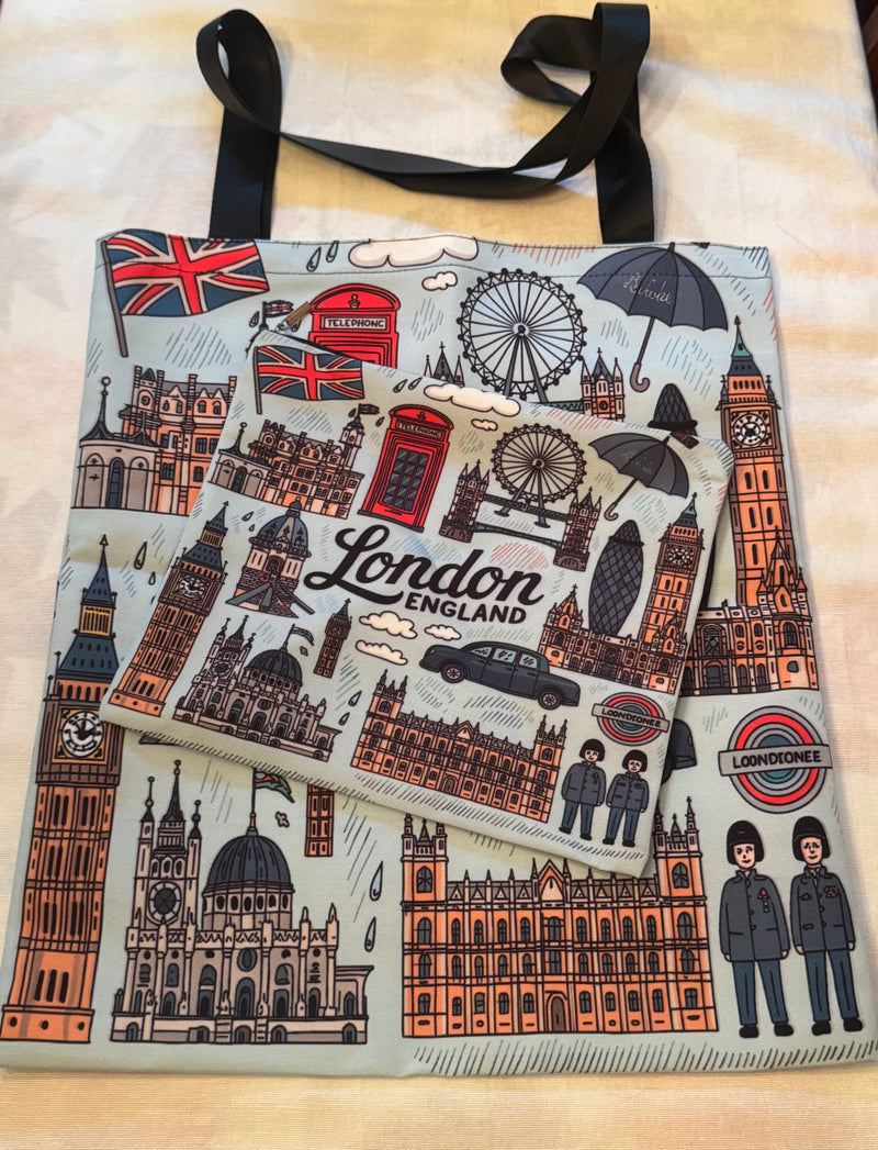2 Pcs Tote Bag & Pouch - London England Icons - London Eye, Flag, Telephone Box