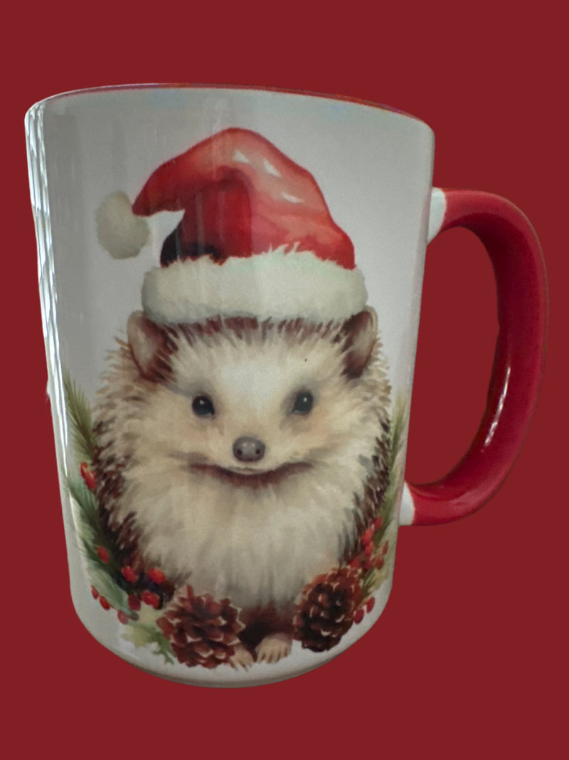 Mug 15oz. Custom Made Christmas Hedgehog with Santa Hat red inner and handle