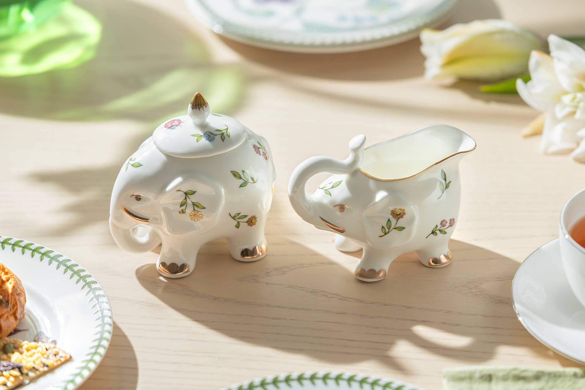 Sugar and Creamer Set - Summer Garden Elephant Fine Porcelain