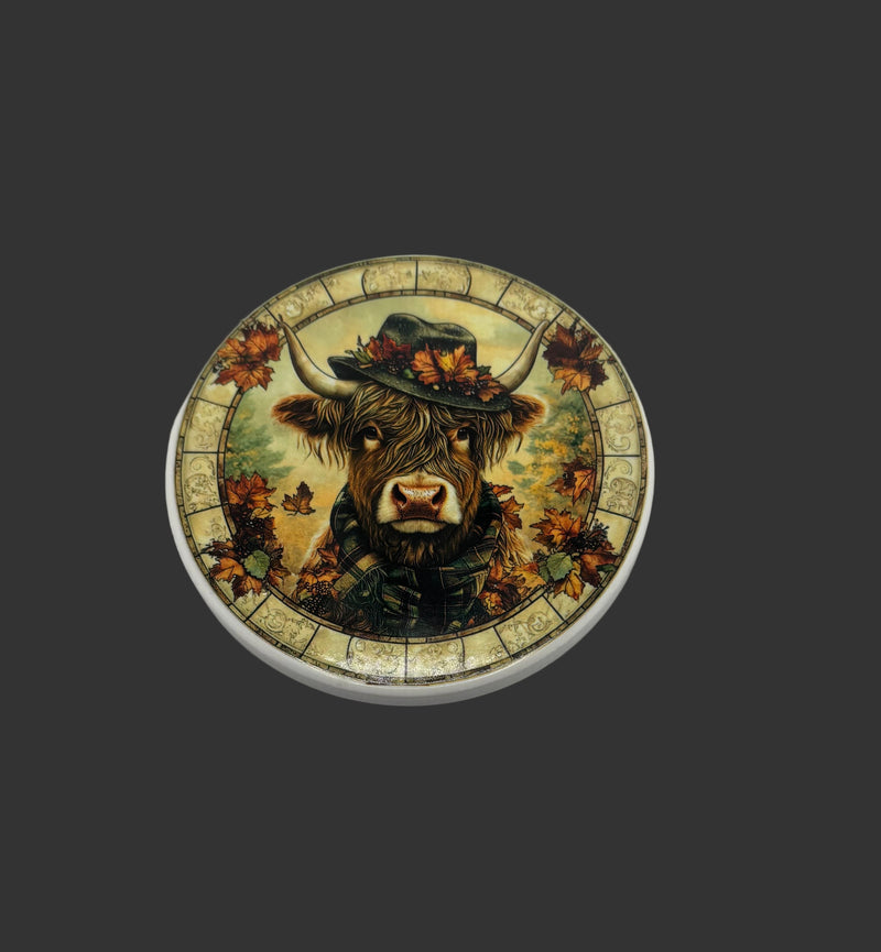 Coaster (Design 2) - Scottish Highland Cow Ceramic 3.5" round with cork backing x 1