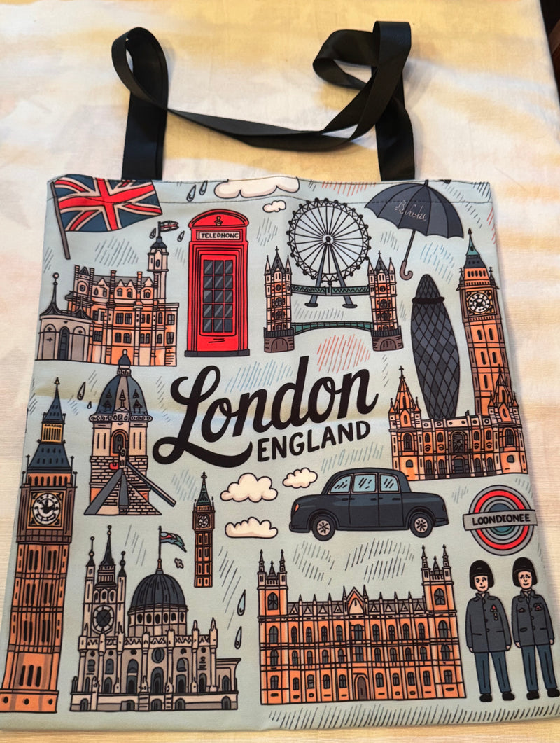 2 Pcs Tote Bag & Pouch - London England Icons - London Eye, Flag, Telephone Box
