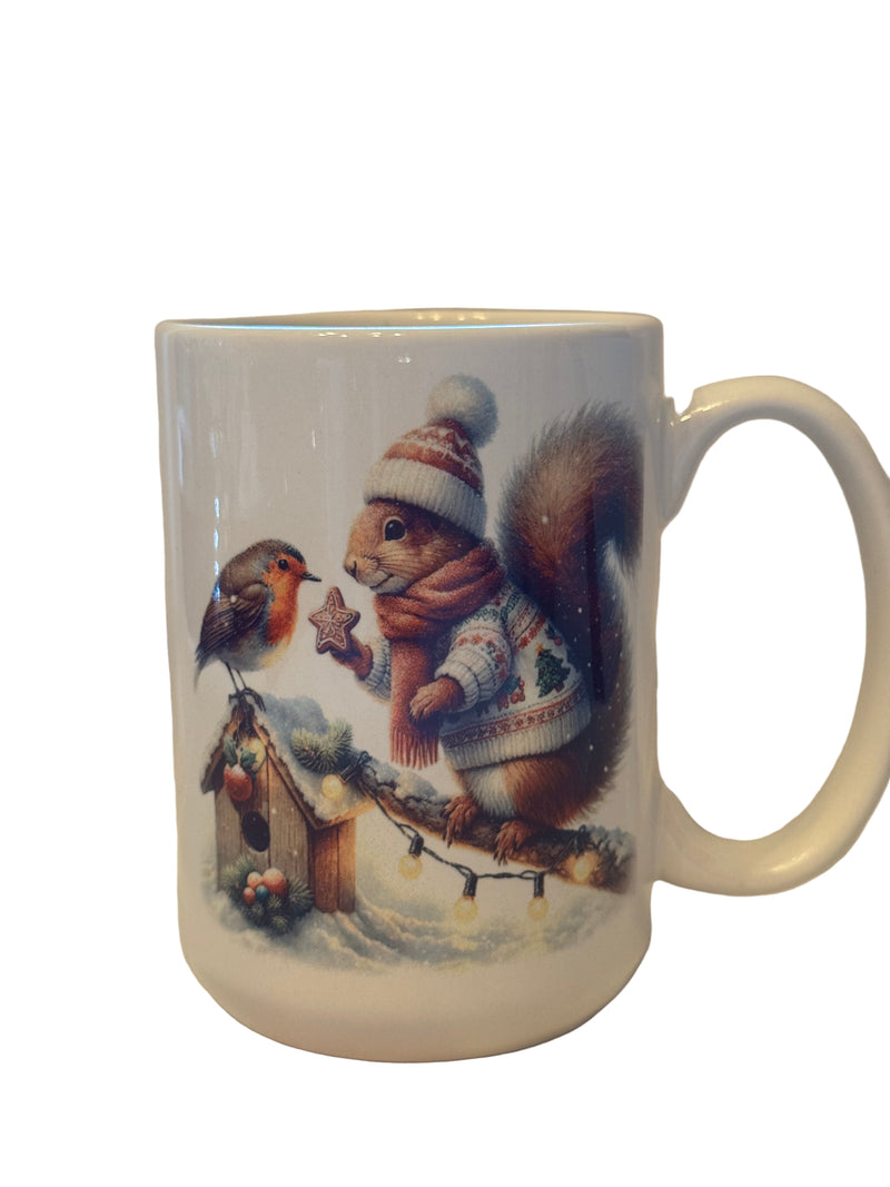 Mug 15oz. Custom Made Christmas Mug with Squirrel and Robin