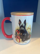Mug 15oz. Christmas Scottie Dog with Wrapped Gifts. Red Handle and Interior. Includes Lid/Coaster.