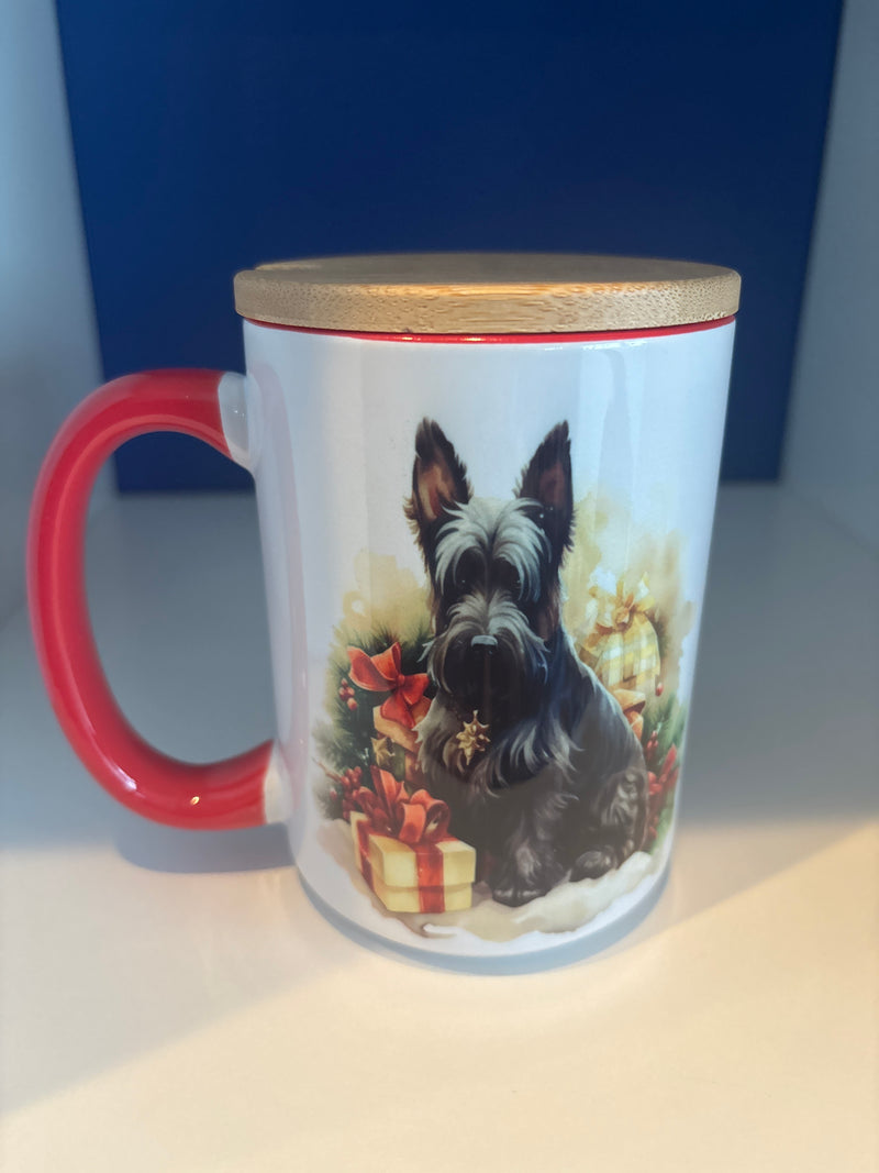 Mug 15oz. Christmas Scottie Dog with Wrapped Gifts. Red Handle and Interior. Includes Lid/Coaster.