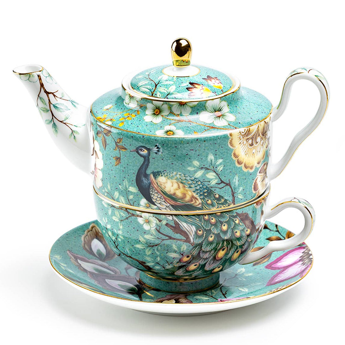 Tea For One Set - Peacock Lotus Garden Green Fine Porcelain