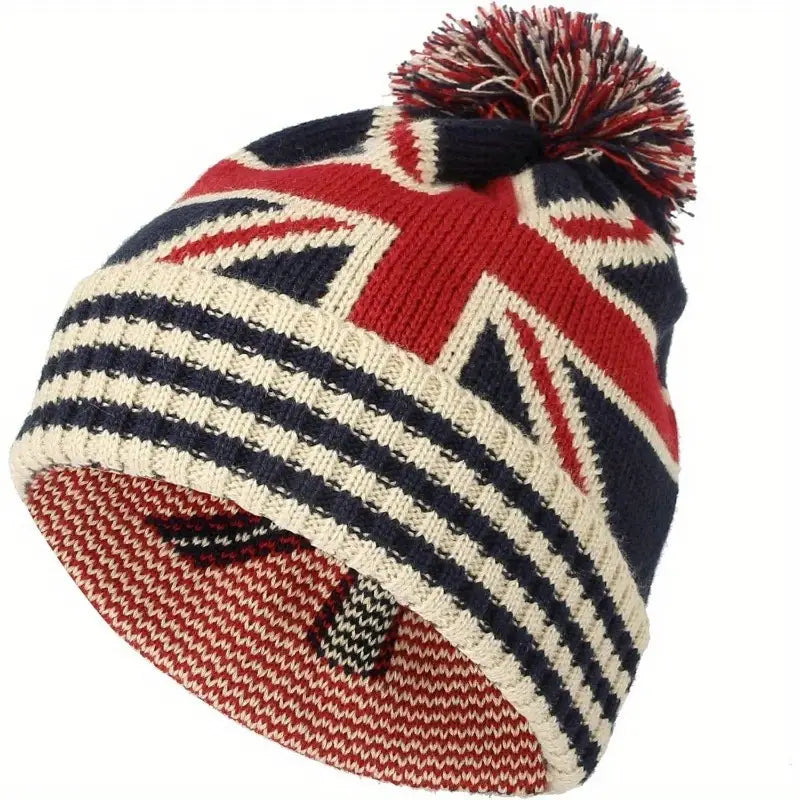 UK Union Jack Kinitted Pom Pom Beanie Hat