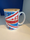 Mug 15oz. Custom Made Flowered Print Union Jack with wood lid or coaster.