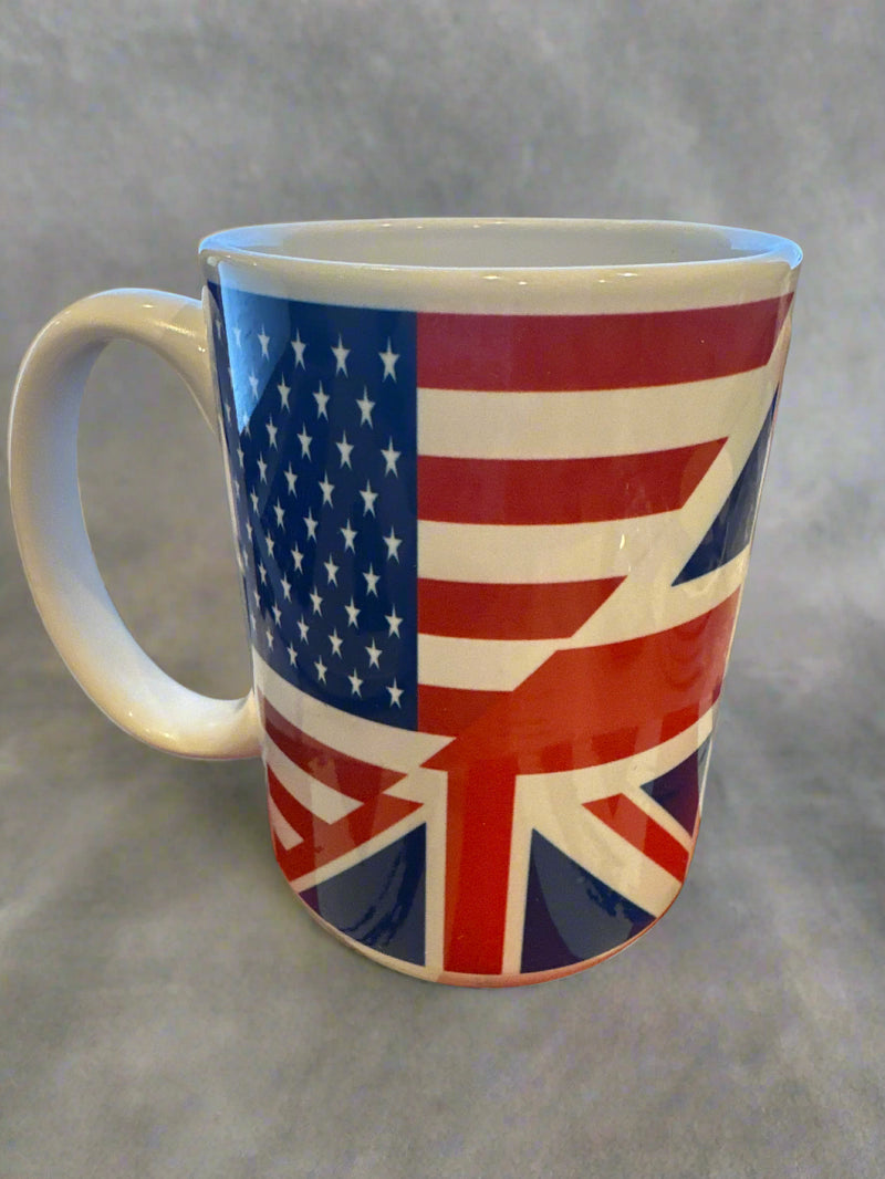 Mug 15oz. Custom Made USA & UK Friendship Flag with wood lid or coaster.