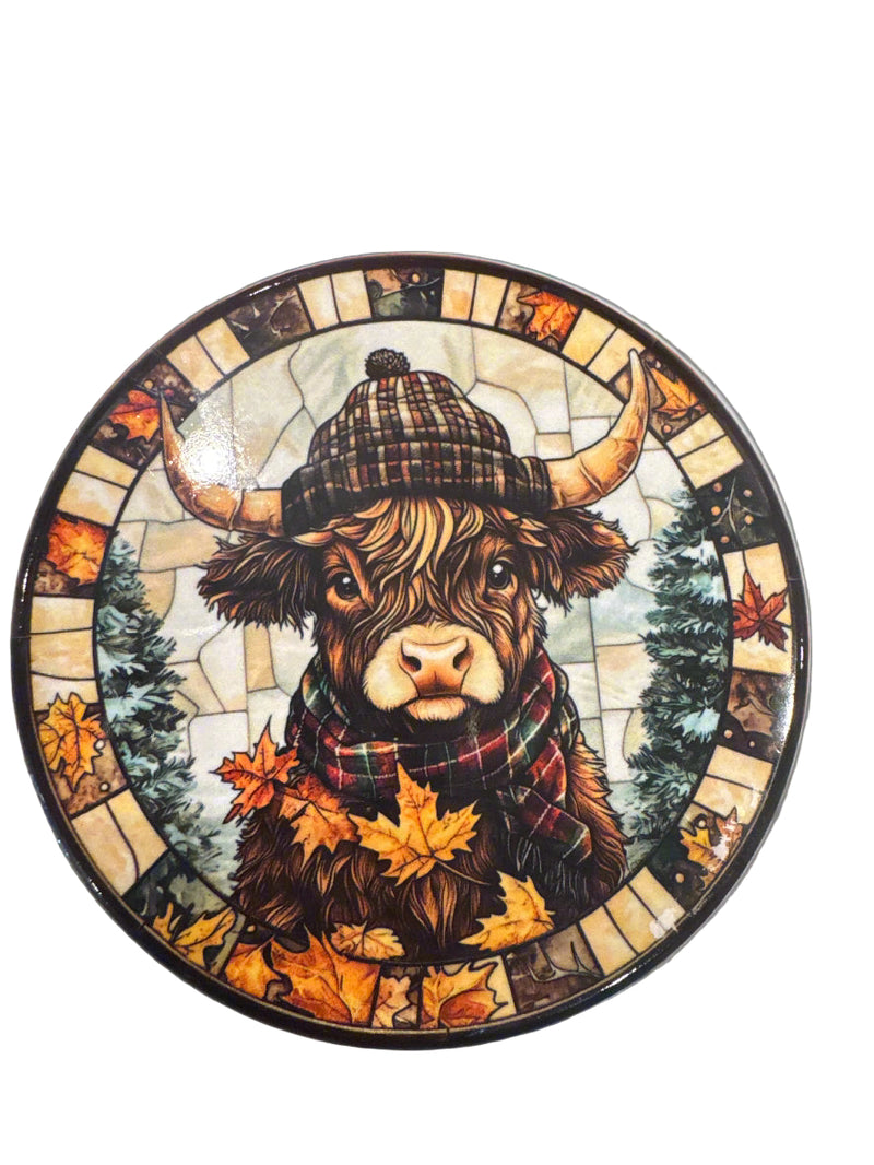 Coaster (1) - Scottish Highland Cow Ceramic 3.5" round with cork backing x 1