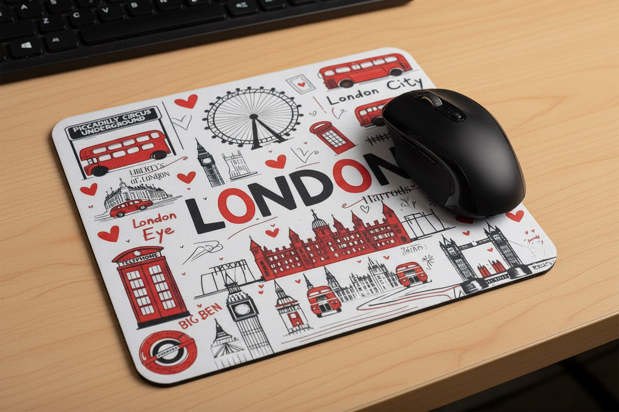 Mouse Pad - Red, Black and White London Themed Design with Telephone box, double decker bus