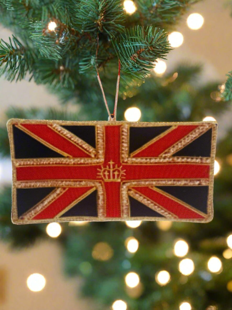 #11 Tinker Tailor Union Jack Flag with Gold Crown Christmas Ornament.