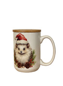 Mug 15oz. Custom Made Christmas Hedgehog with Santa Hat and Wood Lid