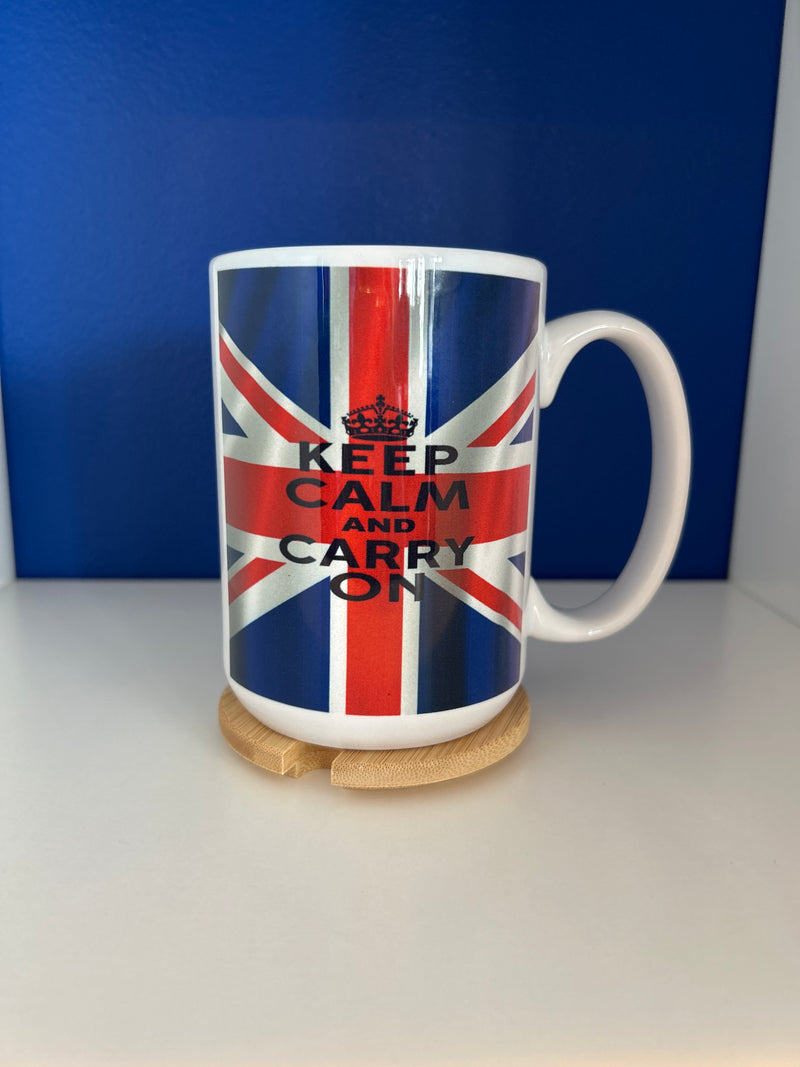 Mug 15oz Union Jack Flag Keep Calm and Carry On with lid/coaster