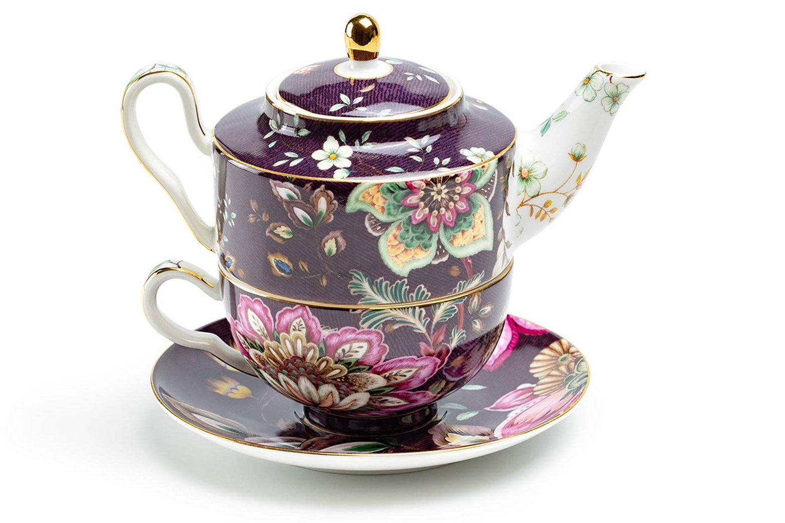 Tea For One Set - Peacock Lotus Garden Plum Fine Porcelain