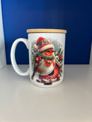 Mug 15oz. Custom Made Christmas Robin with Birdhouse with wood lid or coaster