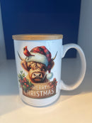 Mug 15oz. Christmas Highland Cow and Cardinal. Includes Lid/Coaster.
