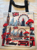2 Pcs Tote Bag & Pouch - London England Icons - Double Decker Bus, London Eye, Flag