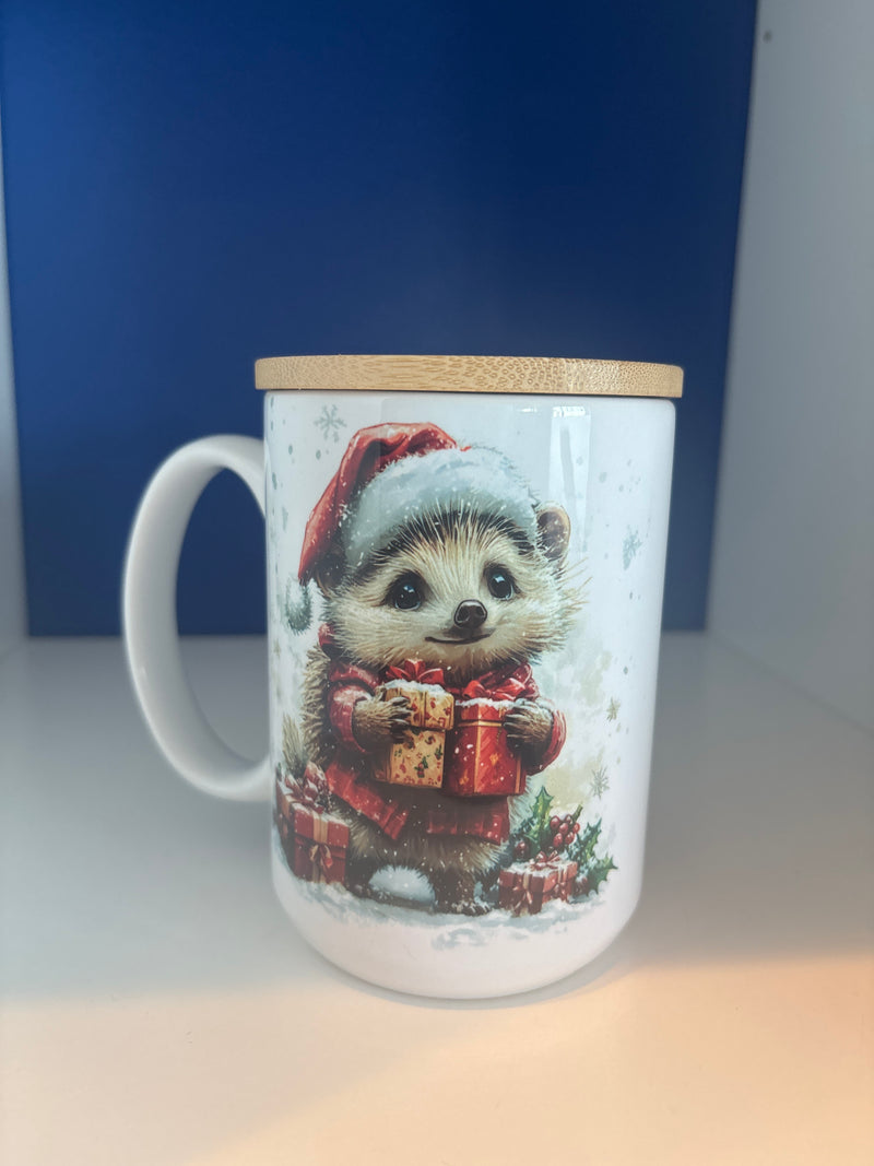 Mug 15oz. Custom Made Hedgehog with Santa Hat and Parcels