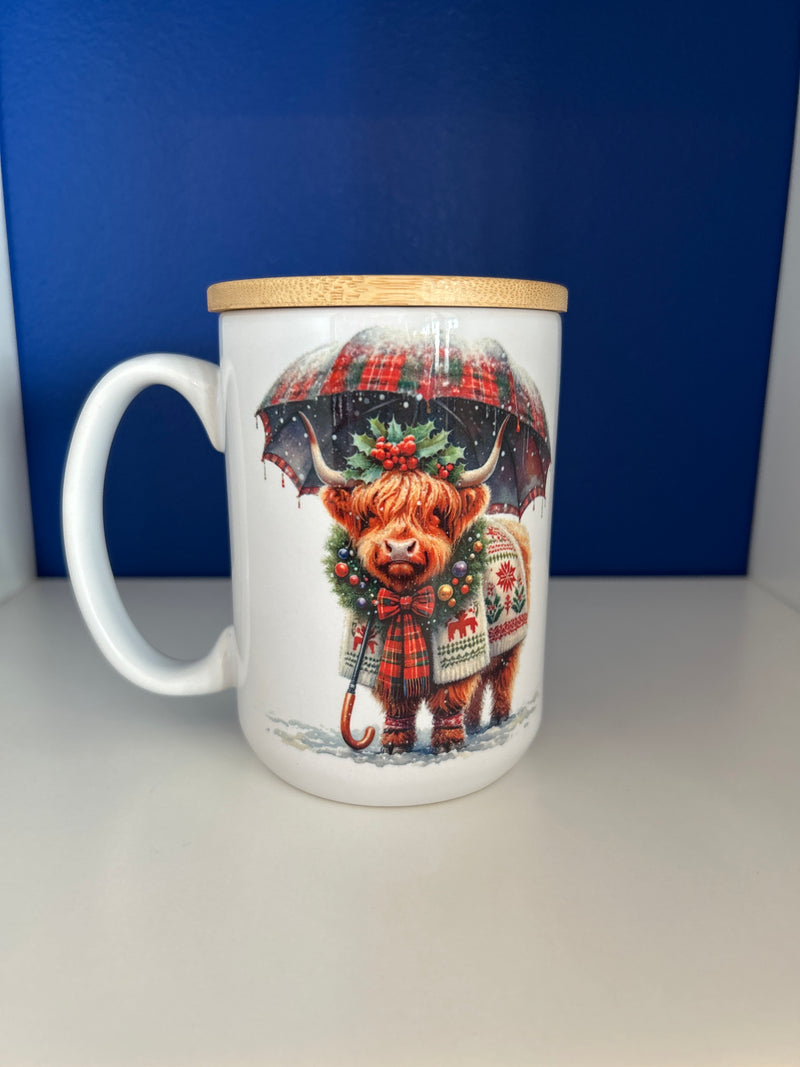 Mug 15oz. Custom Made Christmas Highland Cow with wood lid or coaster.