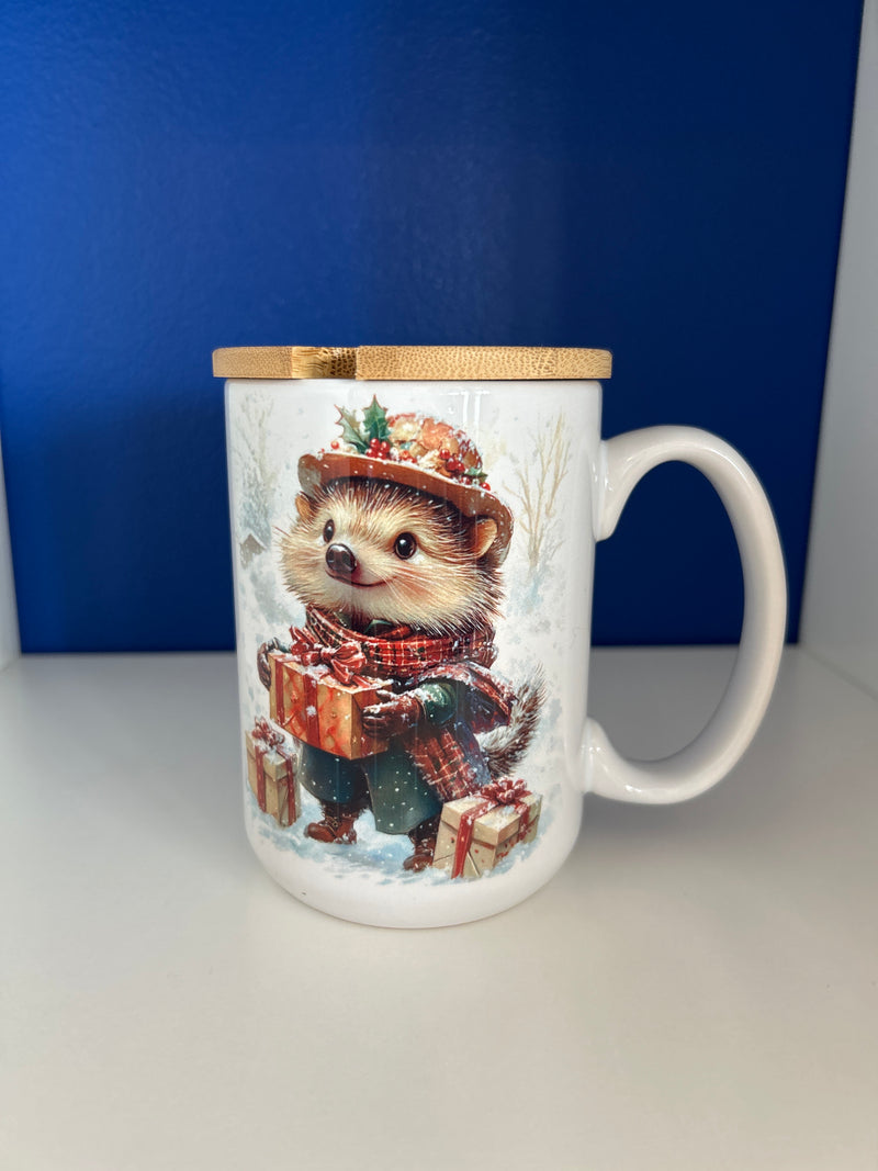 Mug 15oz. Custom Made Christmas Hedgehog with gifts.