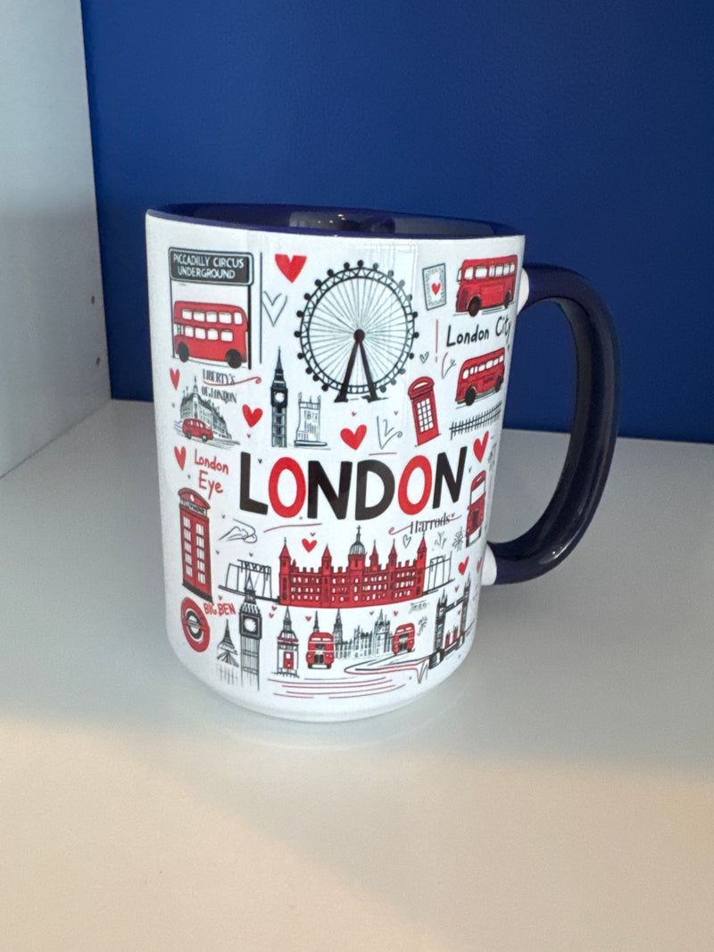 Mug 15oz. Custom Made London Icons Palace, London Eye, Telephone Box etc Blue Inner & Handle.