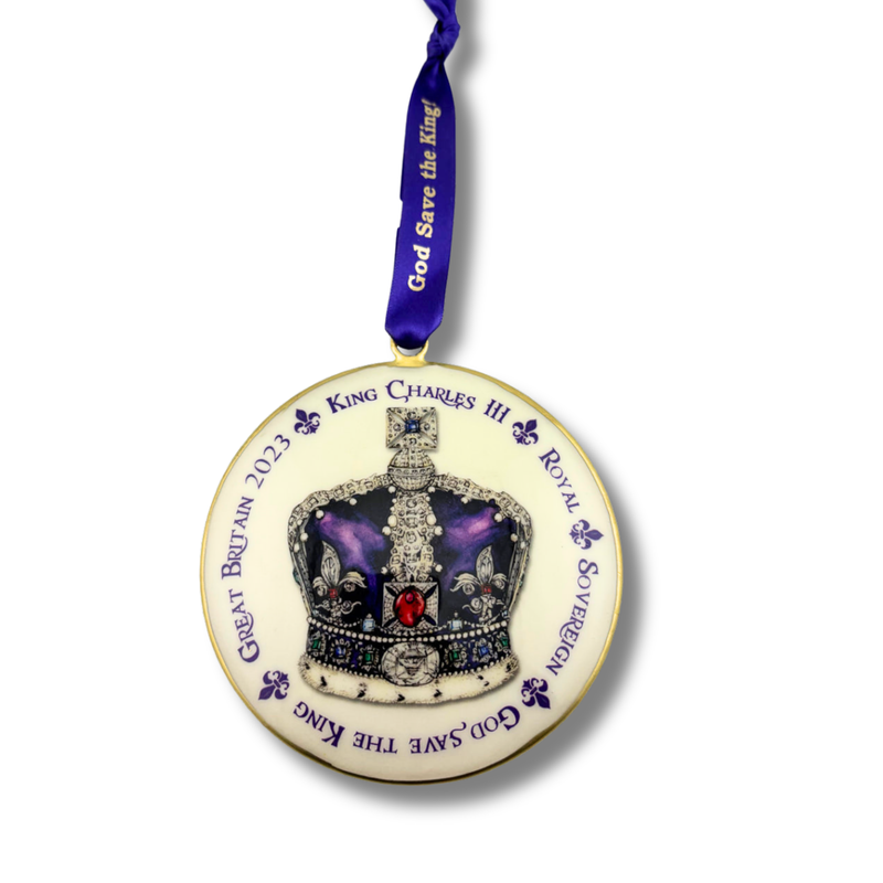#44 Tinker Tailor King Charles III Purple Crown White Background Christmas Ornament 10cm