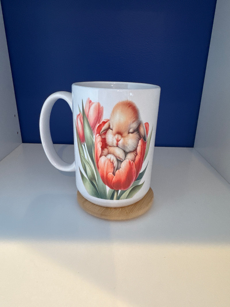 Mug 15oz. Custom Made Easter Bunny in Pink Flower