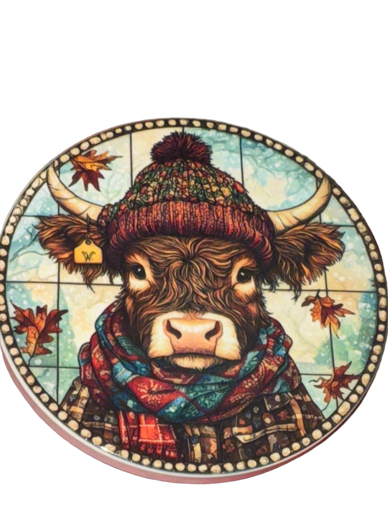 Coaster (2) - Scottish Highland Cow Ceramic 3.5" round with cork backing x 1